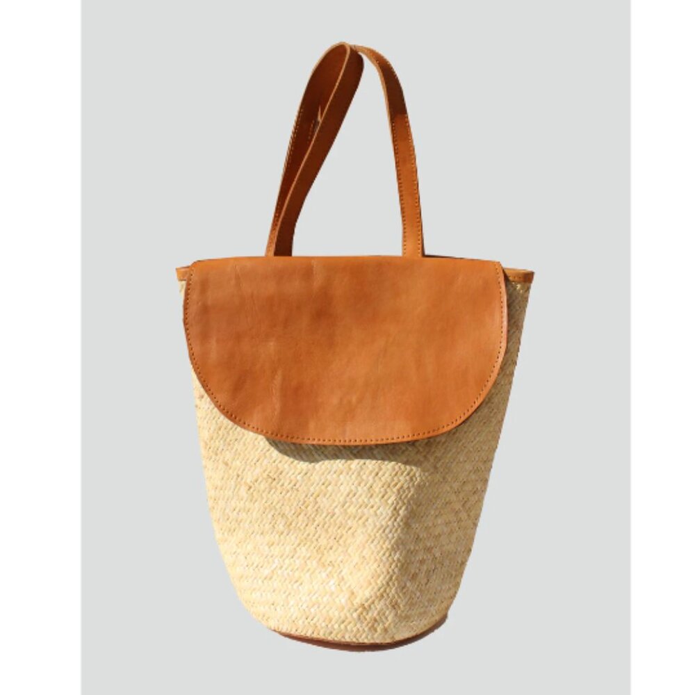 Street Level Stella Wicker Basket Backpack with a leather flap